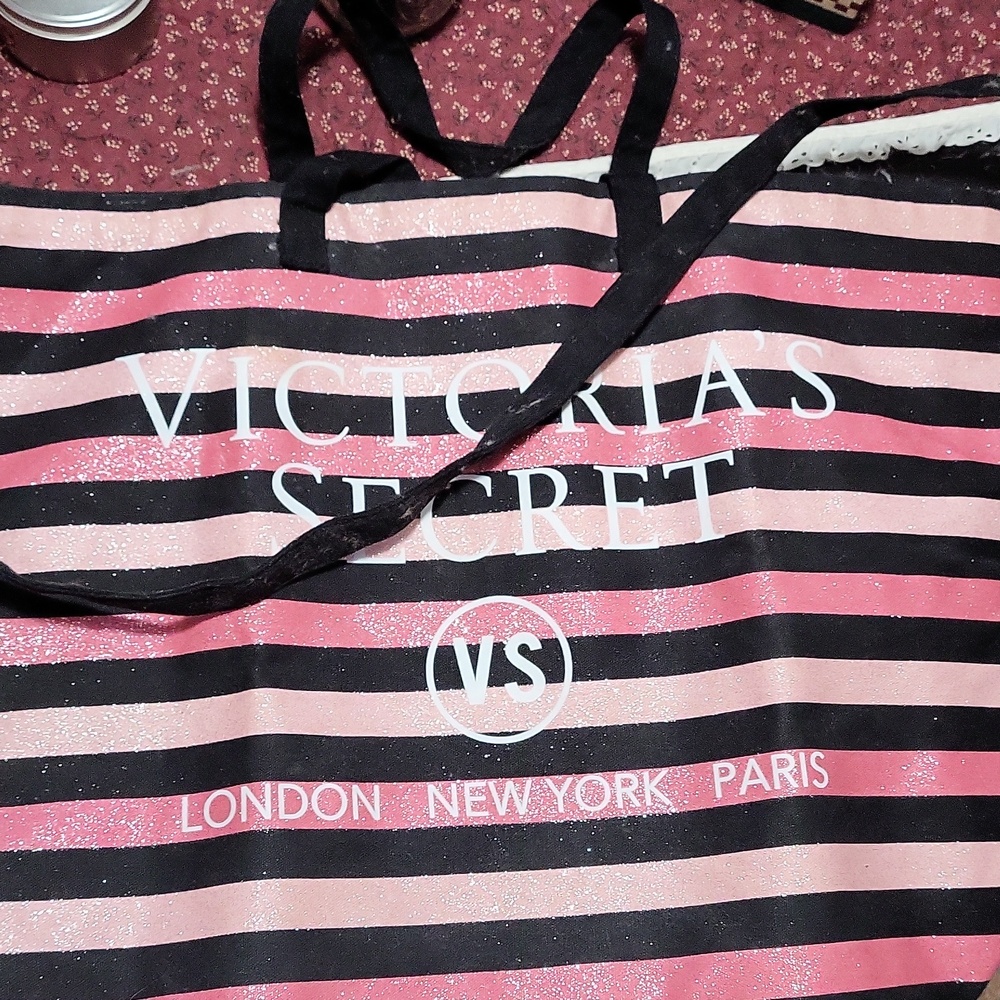 Victoria's Secret Black and Pink Striped Bag - Picture 2 of 2